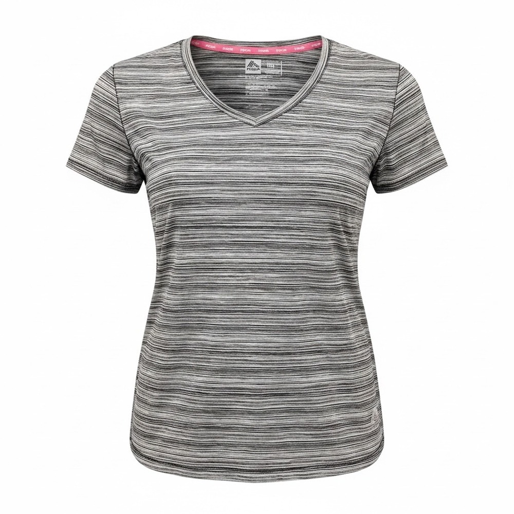 RBX Active Womens X-Dri V-Neck Performance Tee Space Dye Striped Gray Large